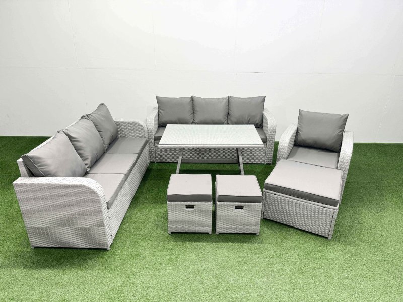 Fimous 7 Pieces Outdoor PE Rattan Garden Furniture with Cushions Reclining Chair 3 Stool Light Grey