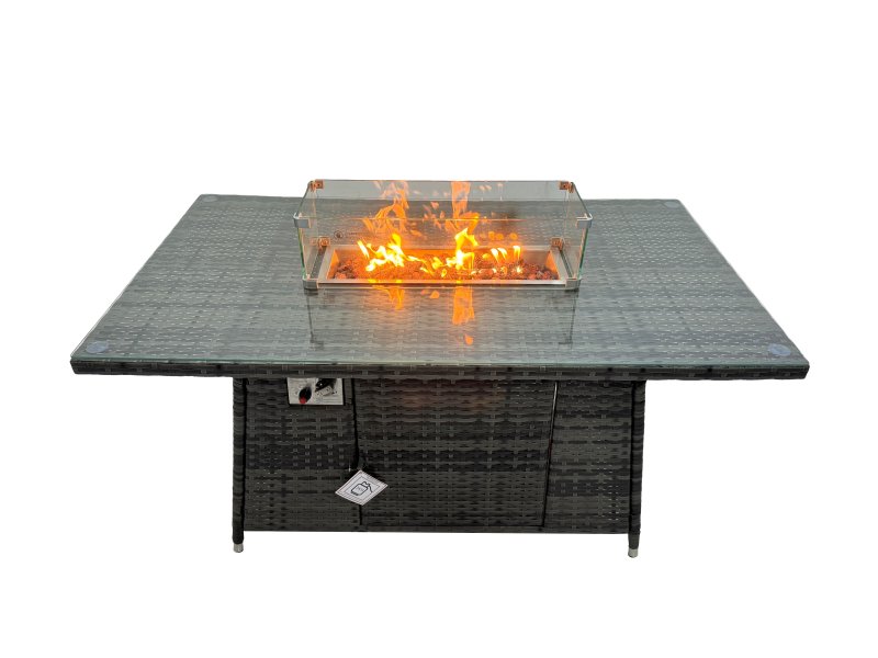 Fimous Poly Rattan Outdoor Patio Gas Firpit Dining Table Corner Sofa Set with 3 Stools Chair for Garden Backyard Dark Grey Mixed