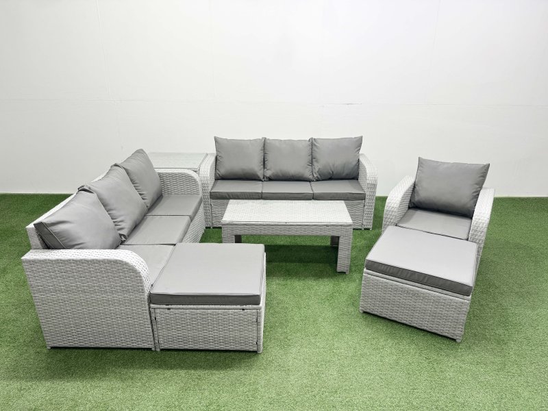 Fimous 9 Seater Poly Rattan Outdoor Garden Furniture Oblong Coffee Table Sofa Set Patio 3 Seater Sofa Reclining Chair 3 Seater Sofa 2 Big Footstools Side Table Light Grey