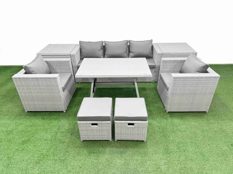 Fimous 9 Pieces Outdoor PE Rattan Sofa Armchair Set Patio Garden Furniture Sets with Cushions 2 Side Tables 2 Small Stools Light Grey