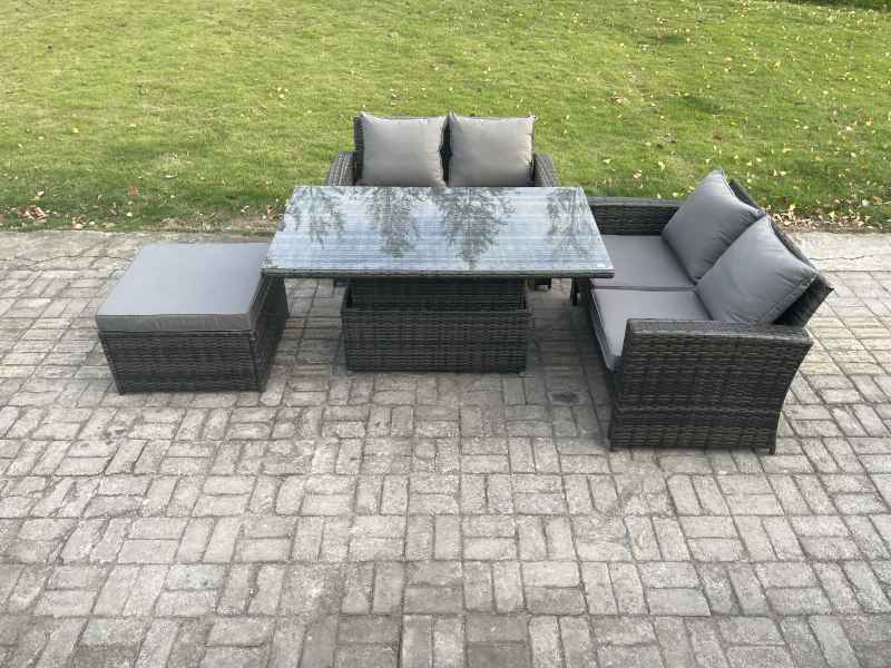 Fimous 4 Pieces Garden Furniture Sets Poly Rattan Outdoor Patio Height Adjustable Rising Lifting Table Sofa Dining Set with Big Footstool