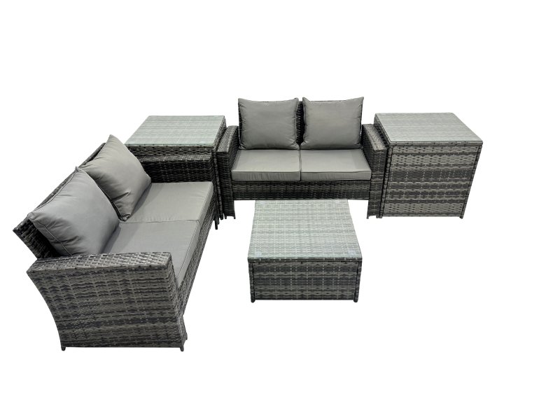 Fimous PE Rattan Garden Furniture Set Lounge Double Seat Sofa Coffee Table Set with 2 Side Tables Dark Grey Mixed