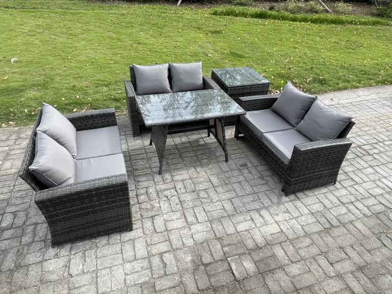 Fimous 6 Seater Rattan Wicker Garden Furniture Patio Conservatory Sofa Set with Rectangular Dining Table Love Seat Sofa Side Table