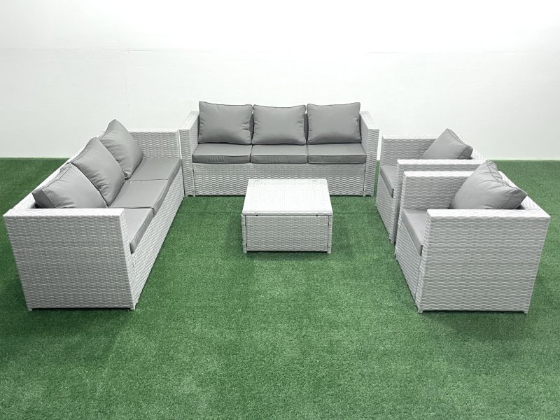 Fimous Outdoor Rattan Sofa Garden Furniture Set with 2 Armchairs Square Coffee Table Light Grey Mixed
