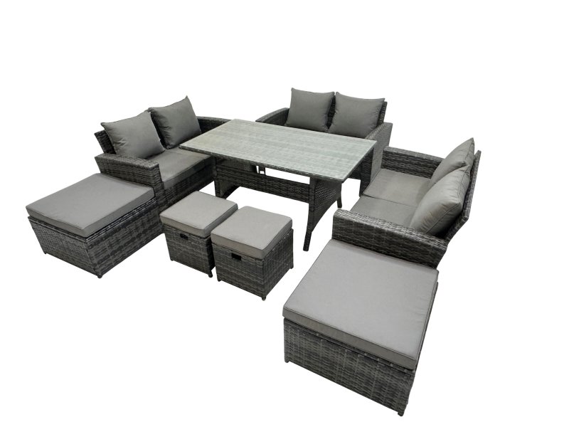 Fimous 10 Seater Wicker PE Rattan Furniture Outdoor Dining Table Double Seat Sofa 4 Stools Set Dark Grey Mixed