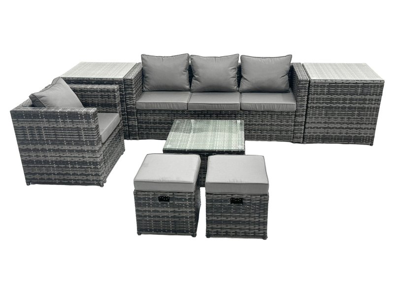 Fimous Outdoor Rattan Garden Furniture Set 6 Seater Patio Lounge Sofa Set with Armchair Square Coffee 2 Table Side Table 2 Small Footstools Dark Grey Mixed