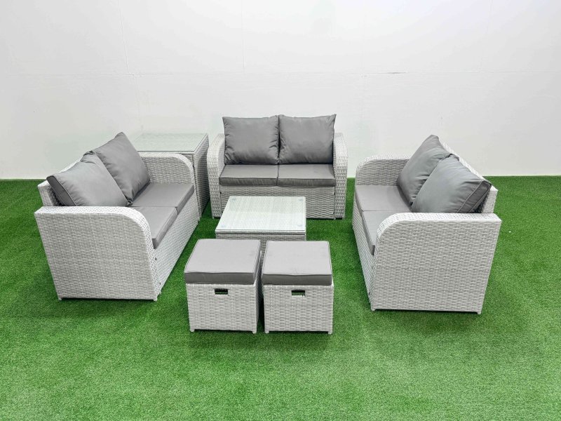 Fimous 8 Seater PE Wicker Rattan Furniture Sofa Sets with Square Coffee Table 2 Seater Love Sofa 2 Stool Side Table Light Grey