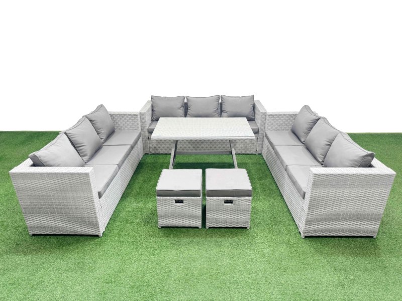 Fimous 11 Seat Outdoor Patio PE Rattan Garden Furniture with Cushions 3 Seater Sofa 2 Small Stools Light Grey