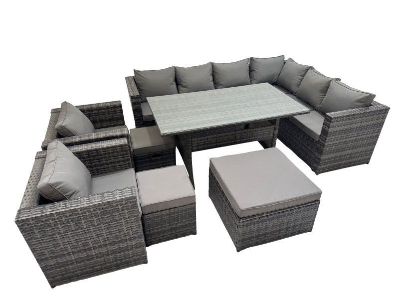 Fimous Rattan Garden Furniture Set Outdoor 11 Seater Patio Dining Corner Sofa Sets with Dining Table 2 Chairs 3 Stools Dark Grey Mixed