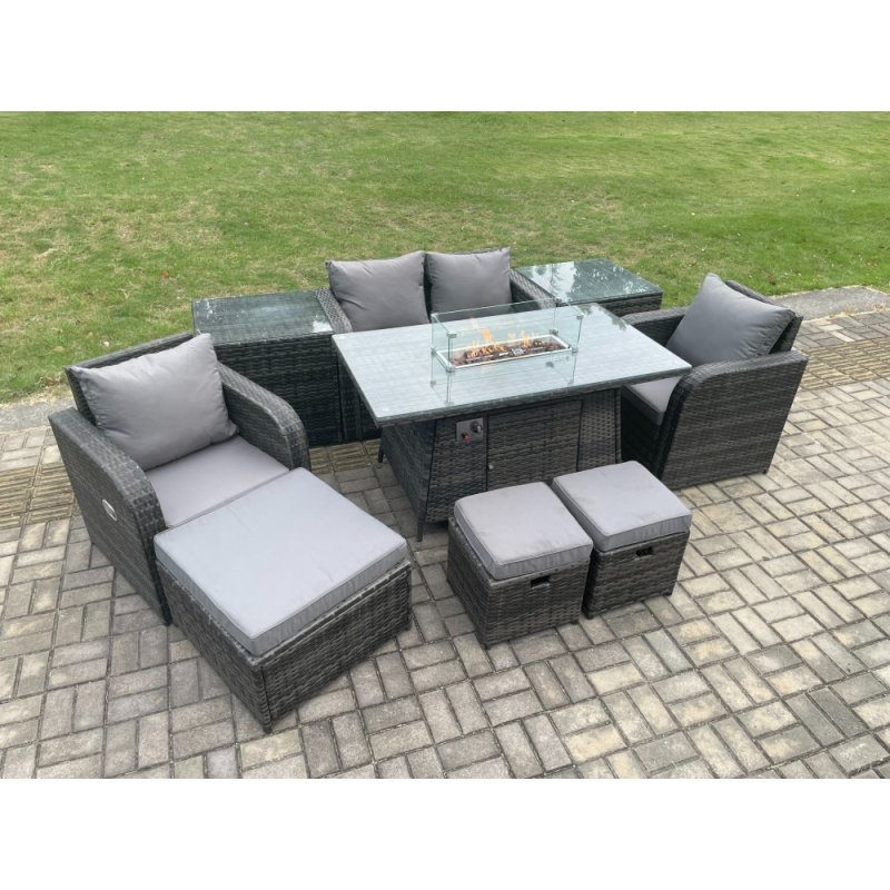 Fimous Rattan Garden Furniture Set Outdoor Patio Gas Fire Pit Dining Table and Chairs with Love seat Sofa 3 Footstools 2 Side Tables