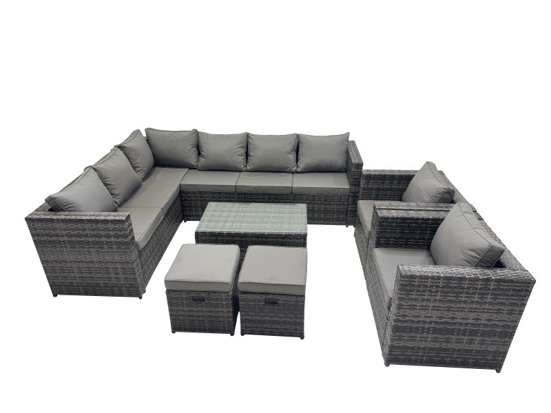 Fimous Outdoor Rattan Rectangular Coffee Table Corner Sofa Sets Garden Furniture Set with 2 Chairs 2 Small Stools Dark Grey Mixed