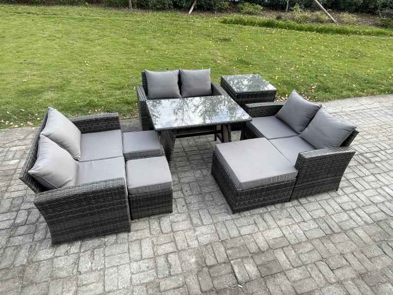 Fimous Outdoor Lounge Sofa Set Wicker PE Rattan Garden Furniture Set with Rectangular Dining Table 2 Seat Sofa 3 Footstools Side Table Dark Grey Mixed