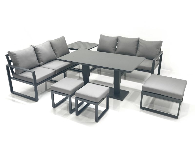 Fimous 9 Seater Aluminium Outdoor Garden Furniture Set with Adjustable Rising Lifting Dining Table 3 Seater Sofa 3 Footstools Side Table Dark Grey