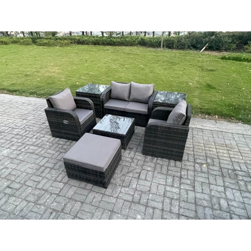 Fimous Rattan Garden Furniture Set Patio Conservatory Indoor Outdoor 7 Piece Set with Love Sofa Square Coffee Table 2 Side Tables Big Footstool