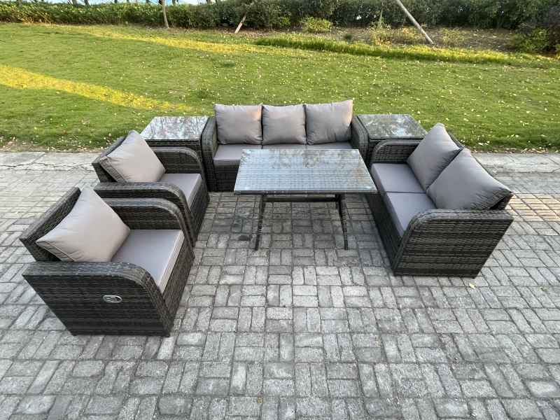 Fimous 7 Seater High Back PE Rattan Sofa Set Outdoor Garden Furniture Dining Table Set With Reclining Chair 3 Seater Sofa Love Sofa 2 Side Tables