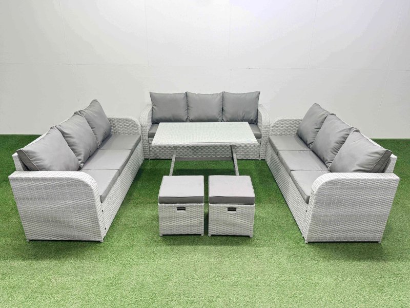 Fimous 11 Seat Outdoor PE Rattan Garden Furniture with Cushions 3 Seater Sofa 2 Small Stools Light Grey