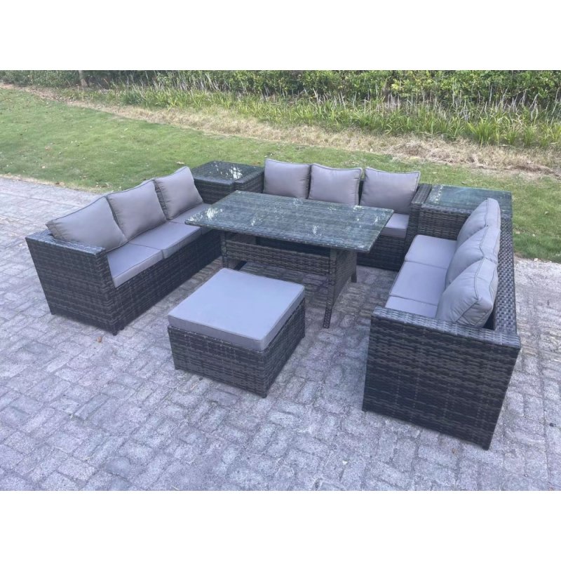 Fimous Outdoor PE Wicker Garden Furniture Rattan Lounge Sofa Set Patio Rectangular Dining Table with Big Footstool 2 Side Table 10 Seater Dark Grey Mixed