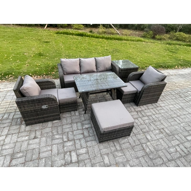 Fimous 8 Seater Rattan Wicker Garden Furniture Patio Conservatory Sofa Set with Rectangular Dining Table Reclining Chair 3 Seater Sofa 3 Footstools Side Table