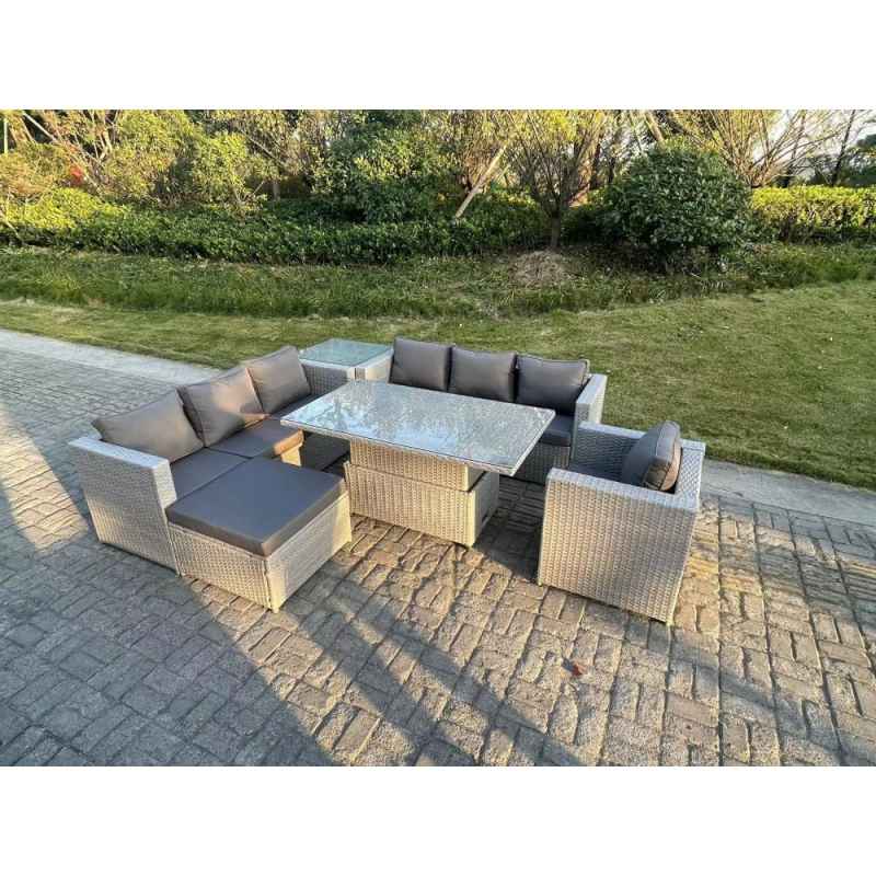 Fimous Rattan Garden Funiture Set Adjustable Rising Lifting Table Sofa Dining Set Side Coffee Tea Table Chair Footstool