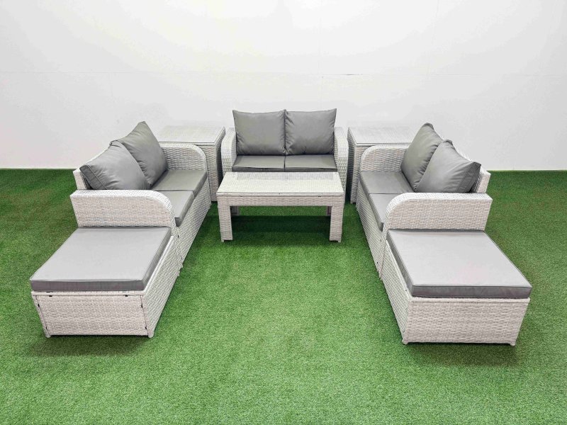 Fimous 8 Seater PE Wicker Rattan Furniture Sofa Sets with Oblong Coffee Table 2 Seater Love Sofa 2 Big Footstool 2 Side Table Light Grey