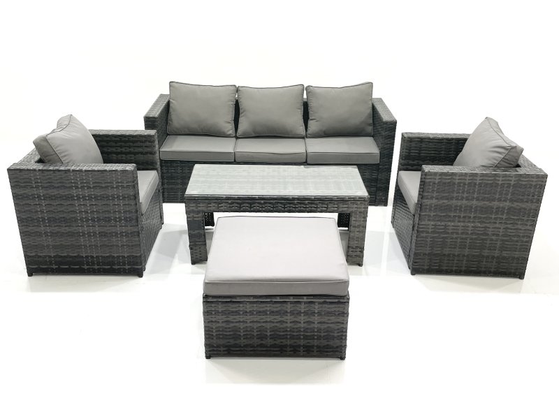 Fimous Rattan Garden Furniture Set Outdoor Lounger Sofa with Coffee Table 2 Armchair Big Footstool Dark Grey Mixed