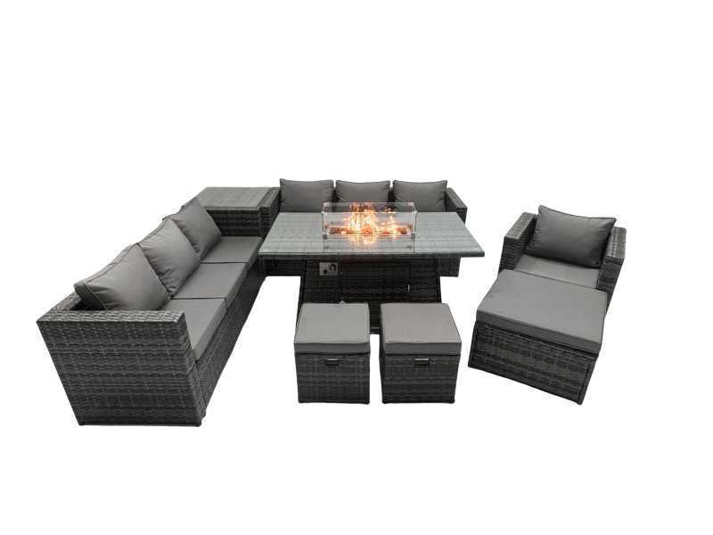 Fimous Rattan Garden Furniture Firepit Dining Set 10 Seater Lounge Sofa Table Set with side table 3 Footstool