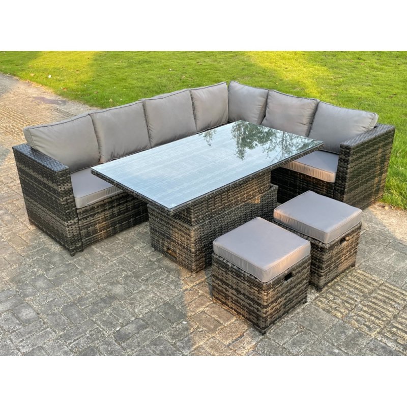 Fimous 8 Seat Dark Mixed Grey Rattan Garden Furniture Corner Sofa Set Adjustable Dining Or Coffee Table Right Side