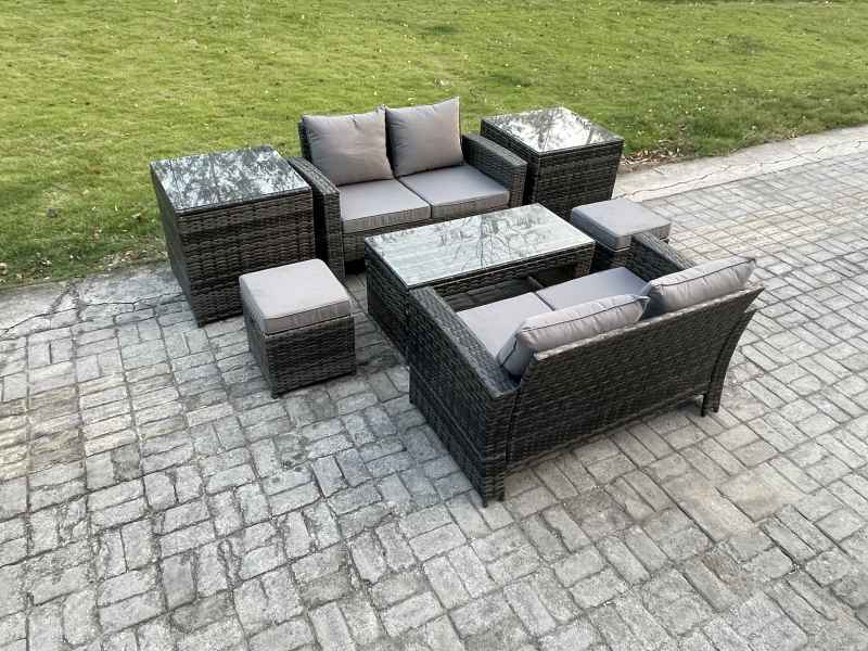 Fimous High Back Rattan Garden Furniture Sofa Sets with Rectangular Coffee Table 2 Side Tables 2 Small Footstools Dark Grey Mixed