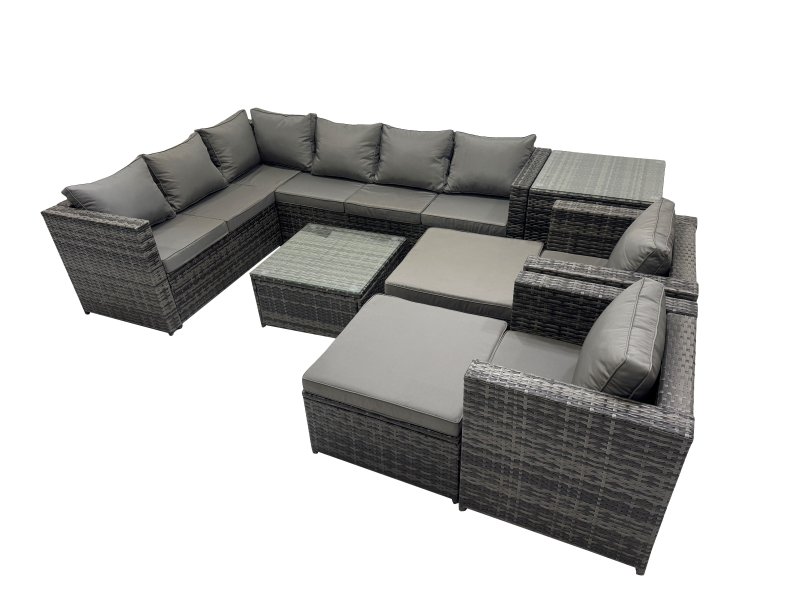 Fimous Rattan Garden Furniture Patio Furniture Sets with Corner Sofa Square Coffee Table 2 Big Stool Dark Grey Mixed