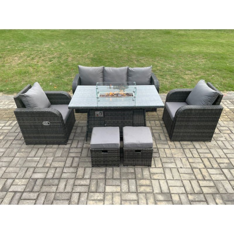 Fimous Garden Patio Furniture Wicker Rattan Gas Fire Pit Table and Chair set with 3 Seater Sofa 2 Small Footstools Dark Grey Mixed