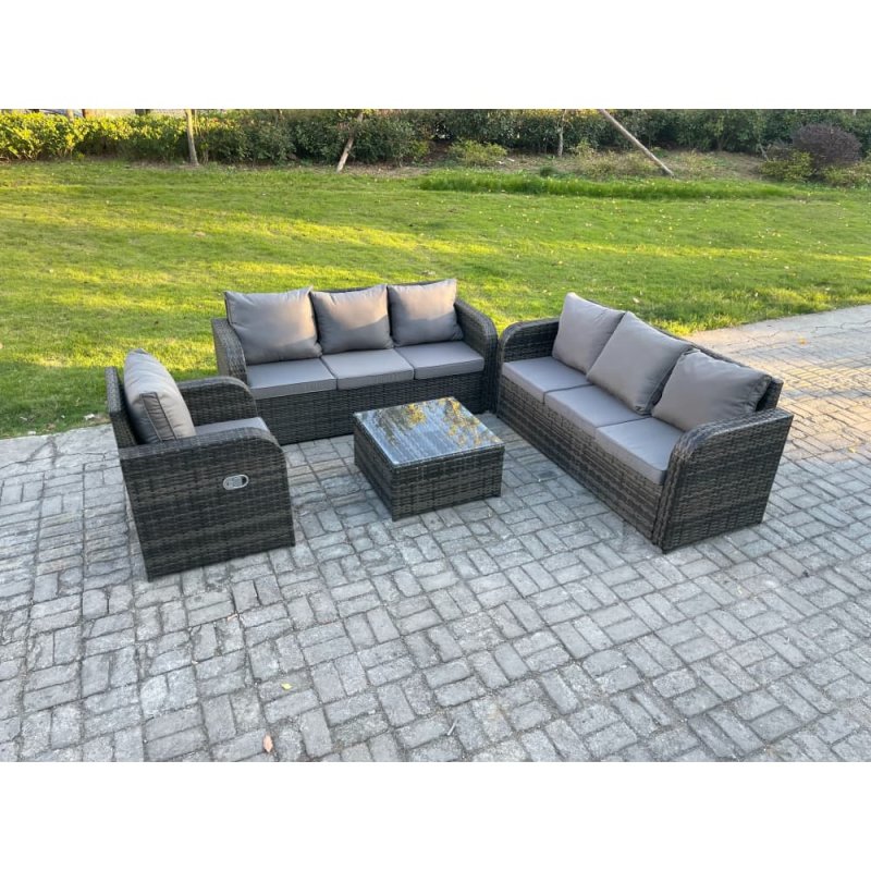 Fimous Outdoor Rattan Garden Furniture Set Conservatory Patio Sofa Coffee Table With Reclining Chair Dark Grey Mixed
