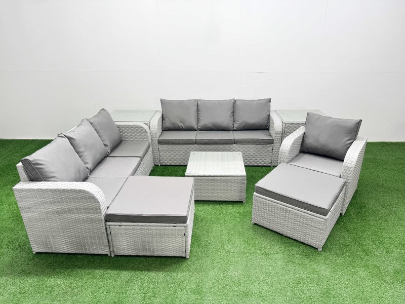 Fimous 9 Seater Poly Rattan Outdoor Garden Furniture Square Coffee Table Sofa Set Patio 3 Seater Sofa Reclining Chair 3 Seater Sofa 2 Big Footstools 2 Side Table Light Grey