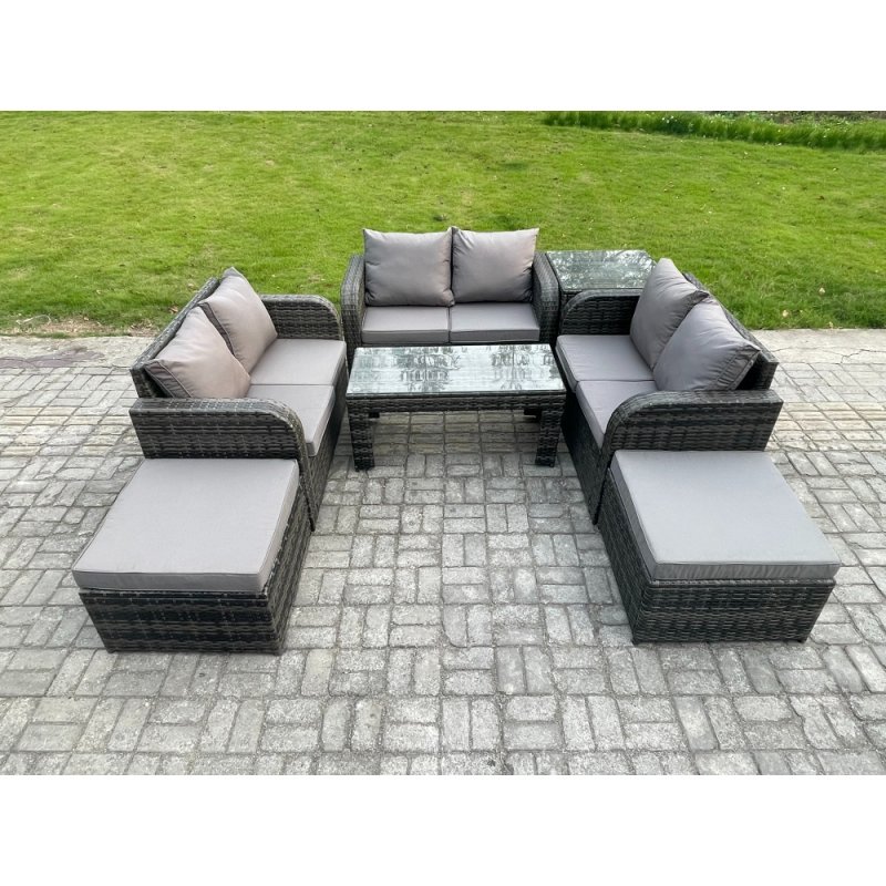 Fimous Outdoor Garden Furniture Sets 7 Pieces Wicker Rattan Furniture Sofa Sets with Rectangular Coffee Table Love seat Sofa 2 Big Footstool Side Table