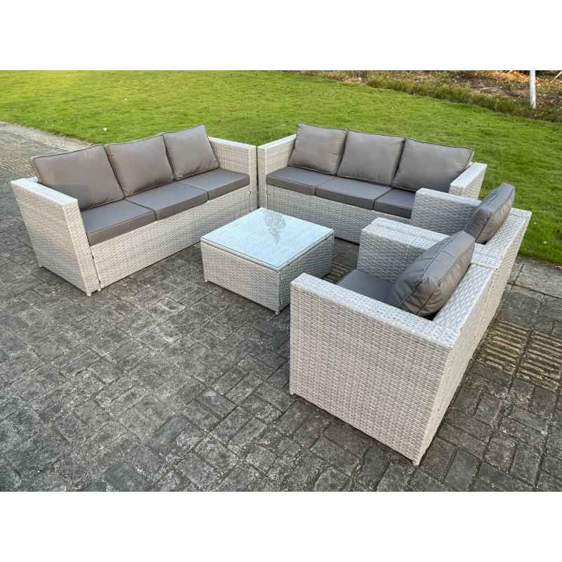 Fimous 8 Seater Light Grey Outdoor PE Rattan Garden Furniture Set Wicker Sofa Set Square Coffee Table 2 Armchair