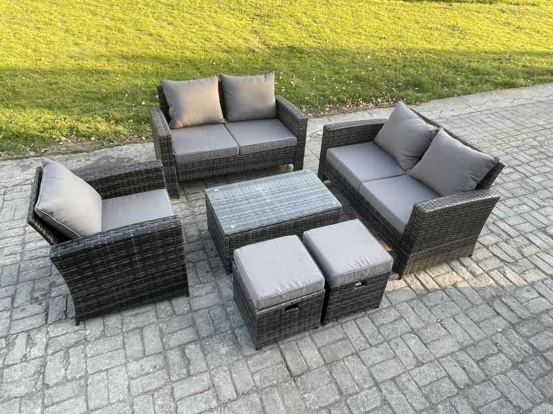 Fimous Rattan Garden Furniture Set 7 Seater Patio Outdoor Lounge Sofa Chair Set with Rectangular Coffee Table 2 Small Footstools Dark Grey Mixed