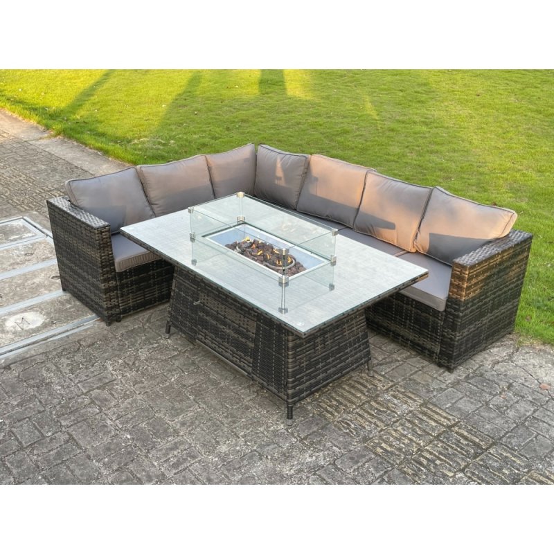 Fimous 6 Seater Outdoor Rattan Garden Corner Sofa Furniture Gas Fire Pit Table Sets Gas Heater Lounge Dark Grey