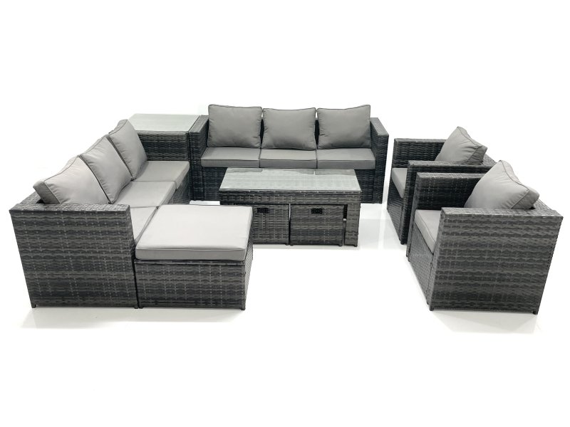 Fimous Rattan Garden Furniture Sofa Set with Coffee table Armchair Side Table 3 Footstools Dark Grey Mixed