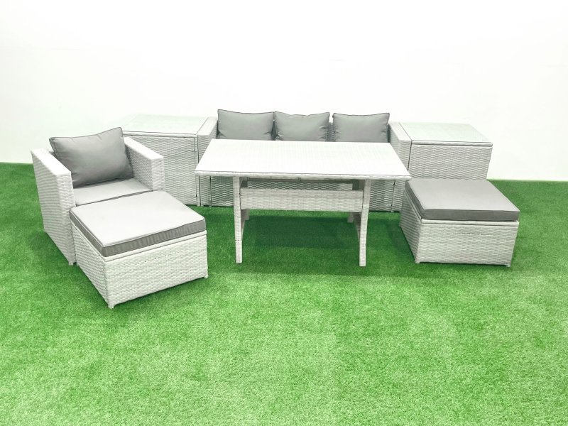 Fimous Rattan Garden Furniture Set Outdoor 6 Seater Patio Dining Sets with Glass Top Dining Table 2 Side Tables Light Grey Mixed