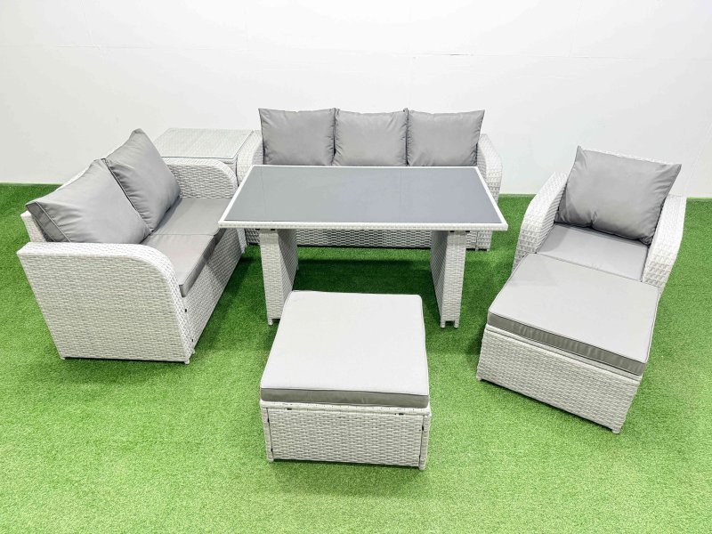 Fimous Rattan Outdoor Table Reclining Chair Sofa Set with Side Table 2 Big Stools Light Grey 8 Seater