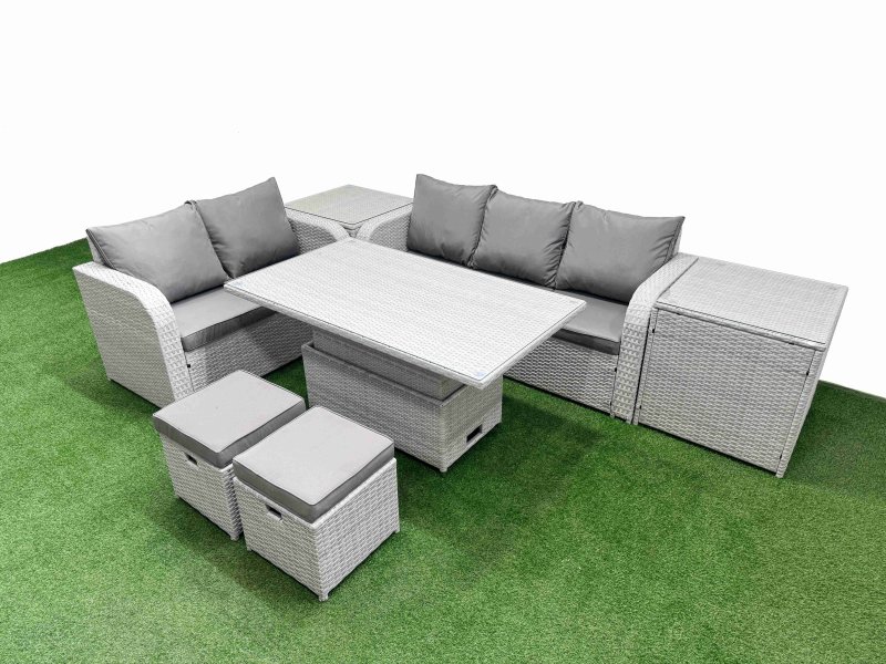 Fimous 7 Seater PE Rattan Wicker Garden Furniture Patio Conservatory Sofa Set with Adjustable Lifting Dining or Coffee Table 3 Seater Sofa Love Sofa 2 Stools 2 Side Table
