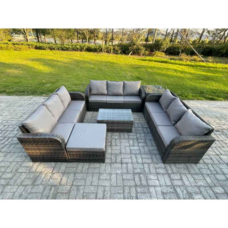 Fimous Rattan Lounge Sofa Set 10 Seater Outdoor Garden Furniture Set with Rectangular Coffee Table 3 Seater Sofa Big Footstool Side Table Dark Grey Mixed