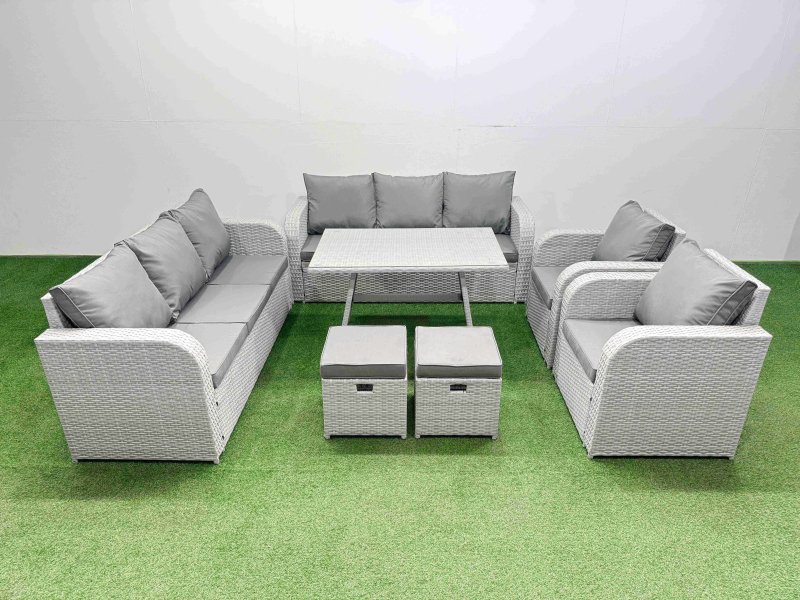 Fimous Rattan High Back Lounge Sofa Set Patio Dining Table & Chairs Set with 3 Seater Sofa 2 Reclining Chairs 2 Small Stool Light Grey