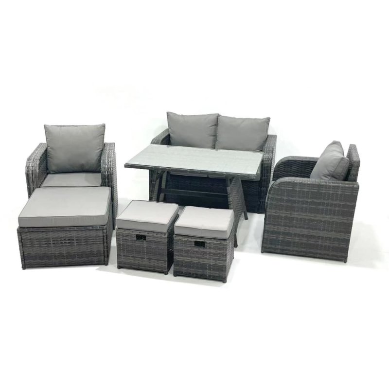 Fimous Outdoor Garden Furniture Set Rattan Sofa Dining Table Set with Reclining Chair 3 Footstool Dark Grey Mixed