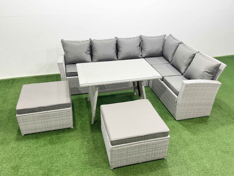 Fimous 8 Seater Garden Outdoor Rattan Furniture Set Rattan Corner Sofa Oblong Dining Table Set with 2 Big Footstools Light Grey Mixed