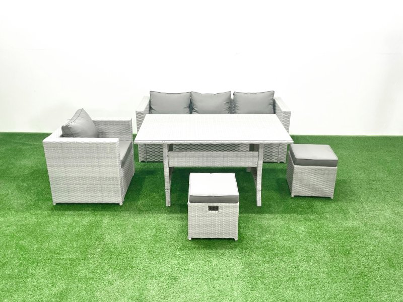 Fimous Garden Dining Set Outdoor Rattan Furniture Set with Sofa Dining Table Small Footstools Light Grey Mixed