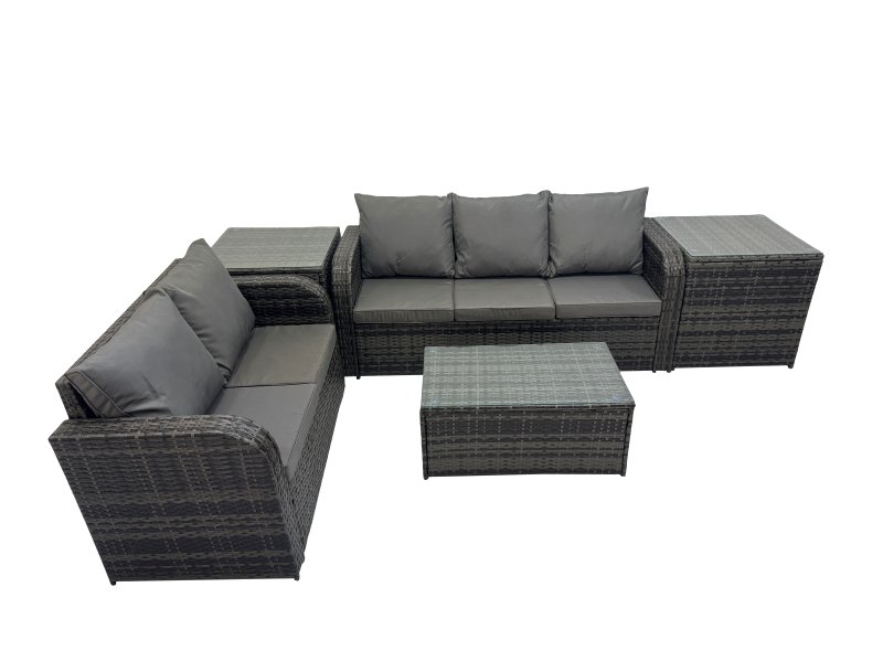 Fimous Outdoor Love Sofa 3 Seater Sofa Coffee Table Set Garden Rattan Furniture Set 5 Seater with 2 Side Tables Dark Grey