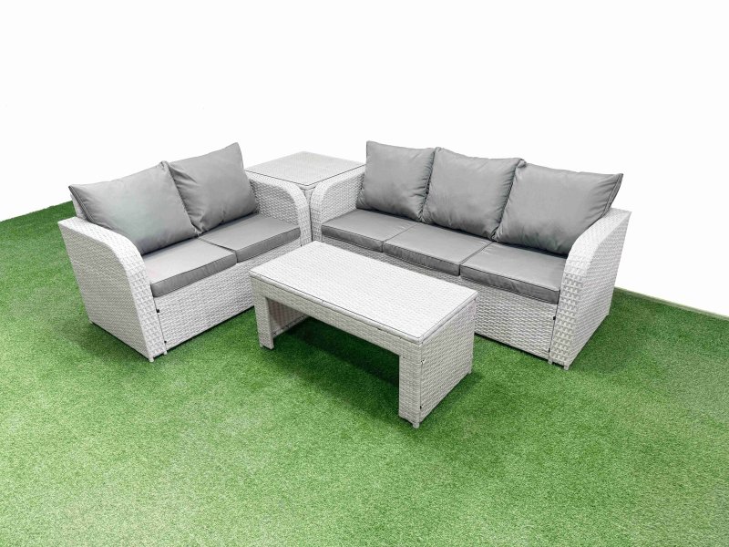 Fimous 5 Seater PE Rattan Wicker Garden Furniture Patio Conservatory Sofa Set with Oblong Coffee Table 3 Seater Sofa Love Sofa Side Table