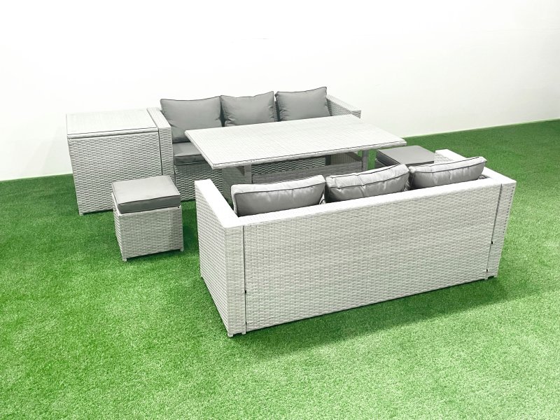 Fimous Rattan Garden Furniture Set 8 Seater Outdoor Sofa Set with Dining Table Side Table 2 Small Footstools Light Grey Mixed
