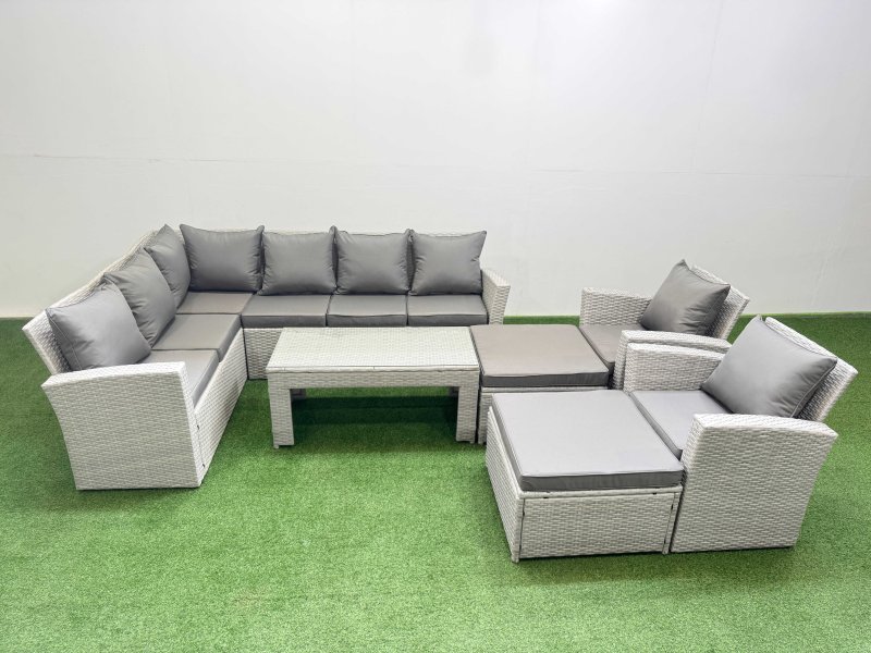 Fimous Rattan Garden Furniture Set Outdoor 10 Seater Corner Sofa Sets with Oblong Coffee Table Chair Big Footstools Light Grey Mixed