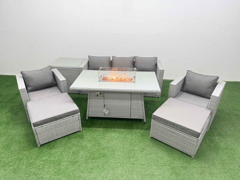 Fimous 7 Seat PE Rattan Lounge Sofa Set Outdoor Garden Furniture Set with Firepit Dining Table 3 Seater Sofa 2 Big Footstools Side Table Light Grey